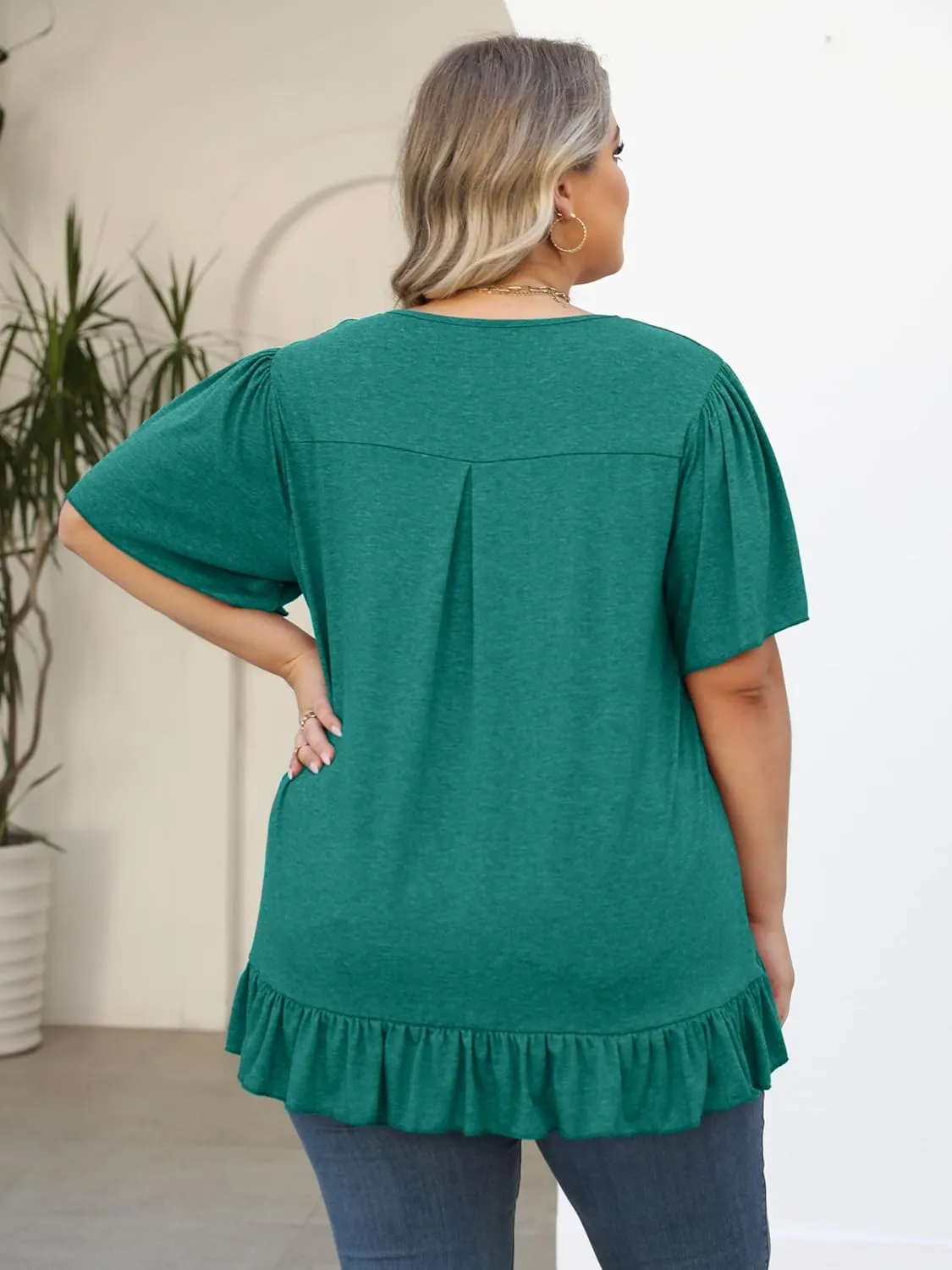 Womens Plus Size Tops Dressy Casual Blouses Square Neck Ruffle Hem Tunic Summer Going Out Shirts Short Sleeve 2025