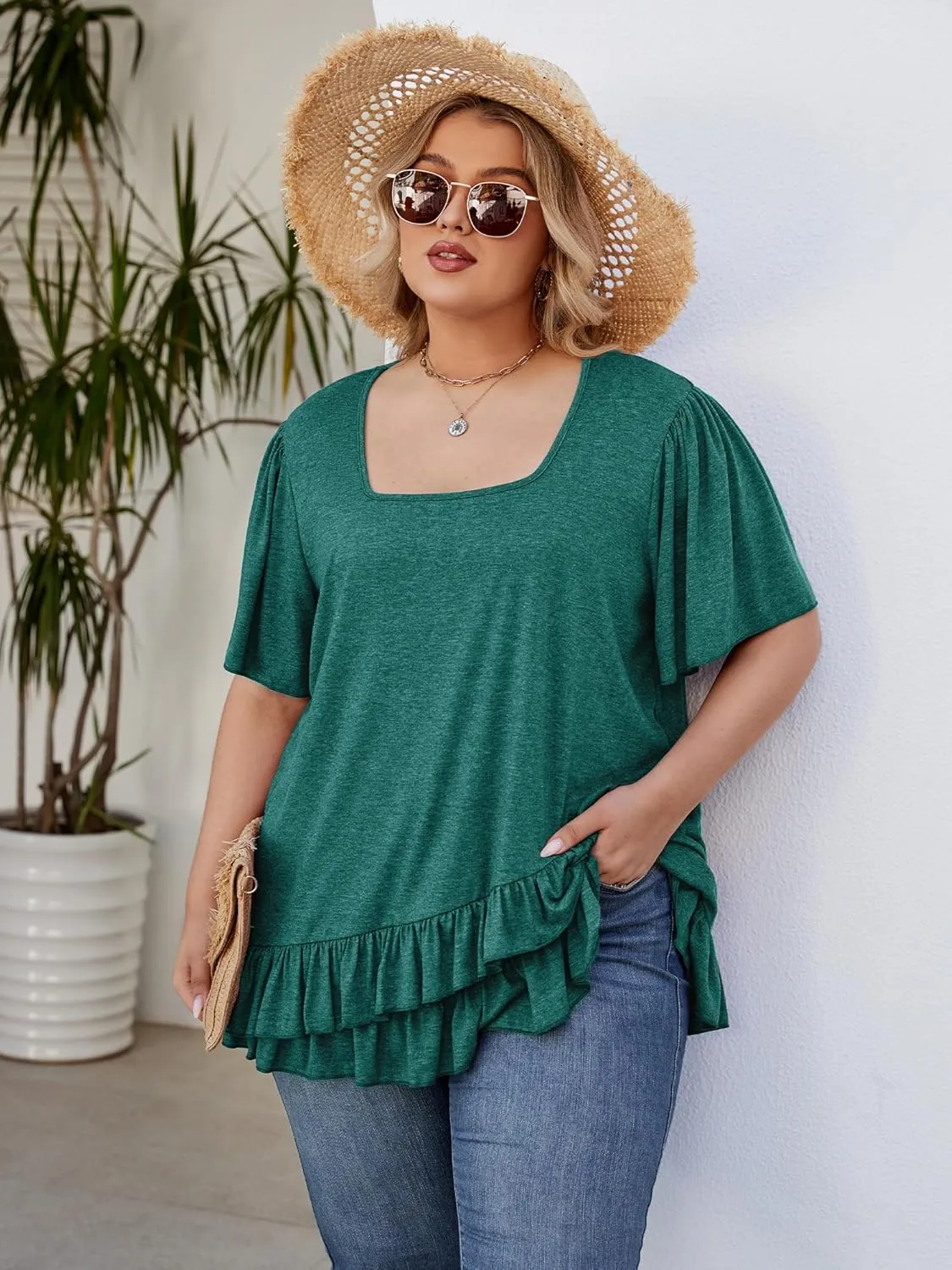 Womens Plus Size Tops Dressy Casual Blouses Square Neck Ruffle Hem Tunic Summer Going Out Shirts Short Sleeve 2025