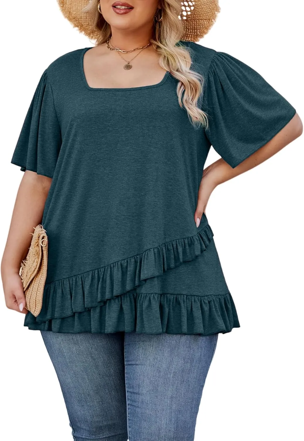 Womens Plus Size Tops Dressy Casual Blouses Square Neck Ruffle Hem Tunic Summer Going Out Shirts Short Sleeve 2025
