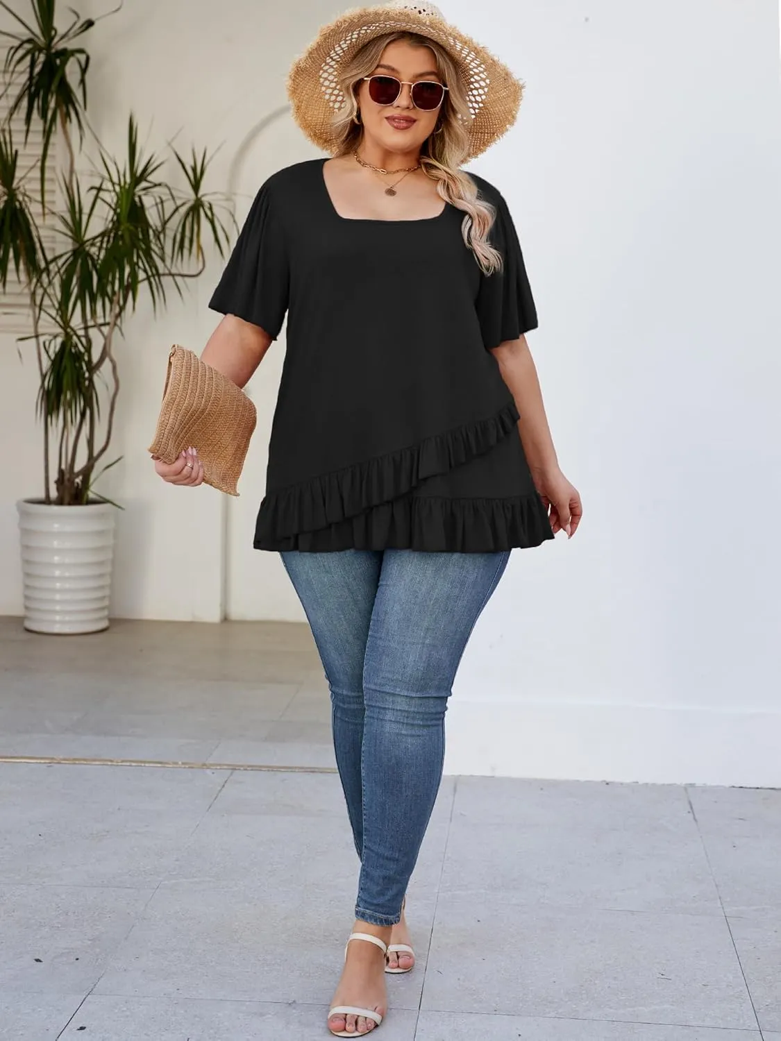 Womens Plus Size Tops Dressy Casual Blouses Square Neck Ruffle Hem Tunic Summer Going Out Shirts Short Sleeve 2025