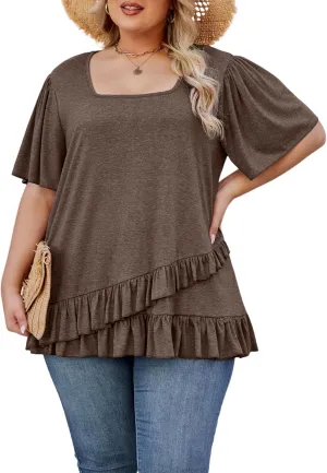 Womens Plus Size Tops Dressy Casual Blouses Square Neck Ruffle Hem Tunic Summer Going Out Shirts Short Sleeve 2025