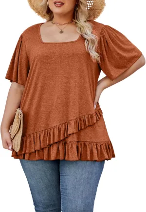 Womens Plus Size Tops Dressy Casual Blouses Square Neck Ruffle Hem Tunic Summer Going Out Shirts Short Sleeve 2025