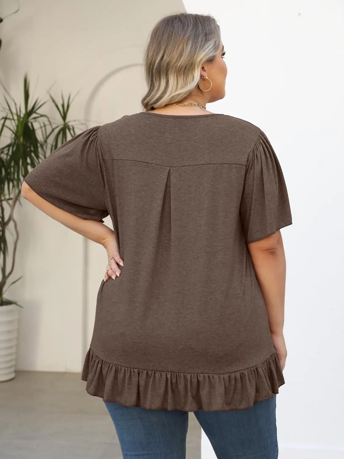 Womens Plus Size Tops Dressy Casual Blouses Square Neck Ruffle Hem Tunic Summer Going Out Shirts Short Sleeve 2025