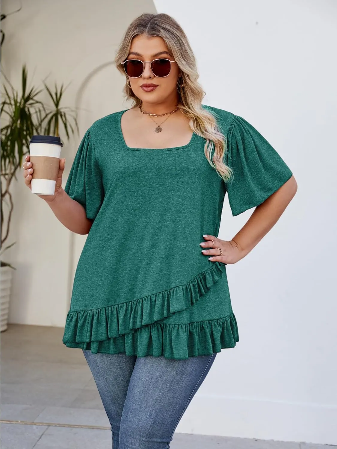 Womens Plus Size Tops Dressy Casual Blouses Square Neck Ruffle Hem Tunic Summer Going Out Shirts Short Sleeve 2025