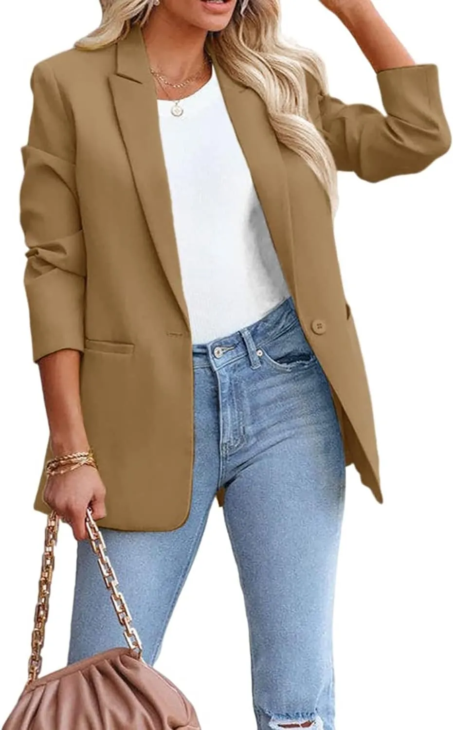 Women's Solid Color Casual Long Sleeve Lapel Button Blazer Jacket for Business Lady