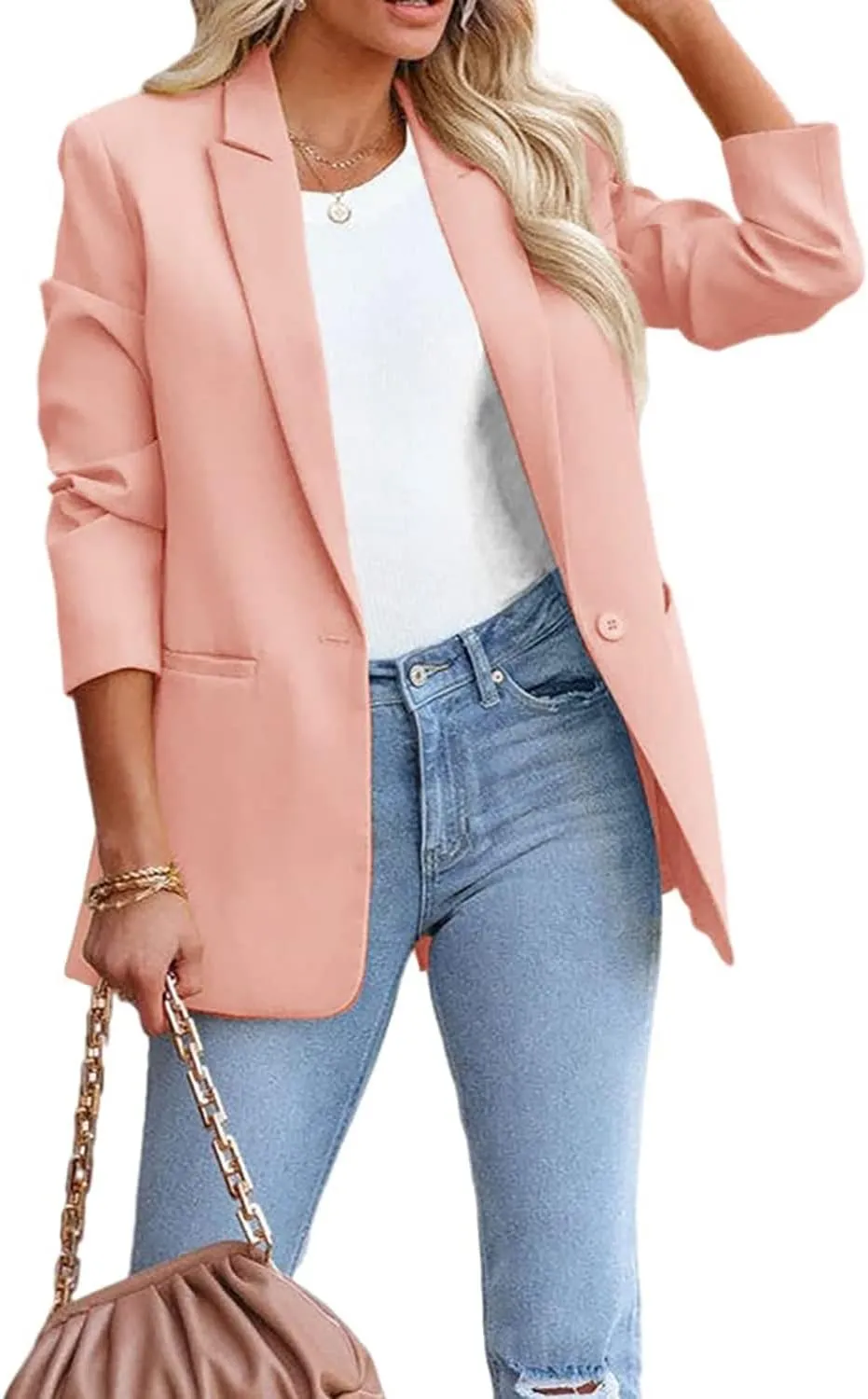 Women's Solid Color Casual Long Sleeve Lapel Button Blazer Jacket for Business Lady