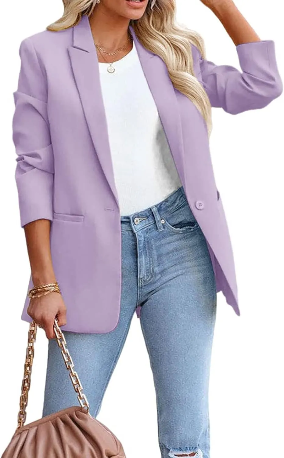 Women's Solid Color Casual Long Sleeve Lapel Button Blazer Jacket for Business Lady