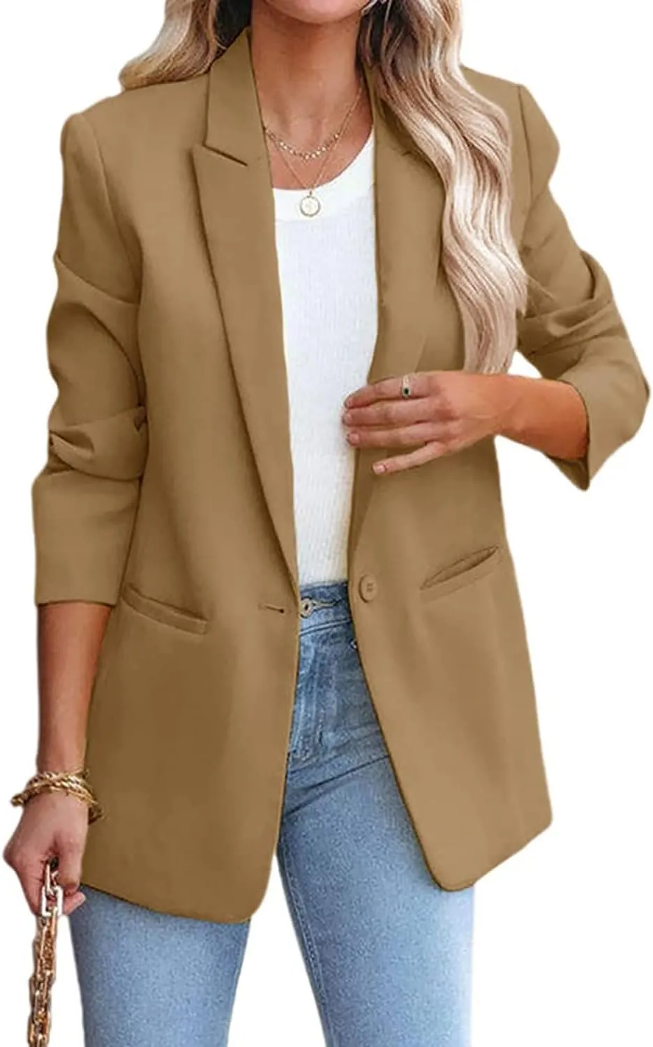 Women's Solid Color Casual Long Sleeve Lapel Button Blazer Jacket for Business Lady