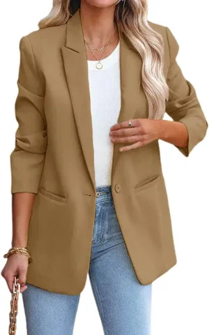 Women's Solid Color Casual Long Sleeve Lapel Button Blazer Jacket for Business Lady
