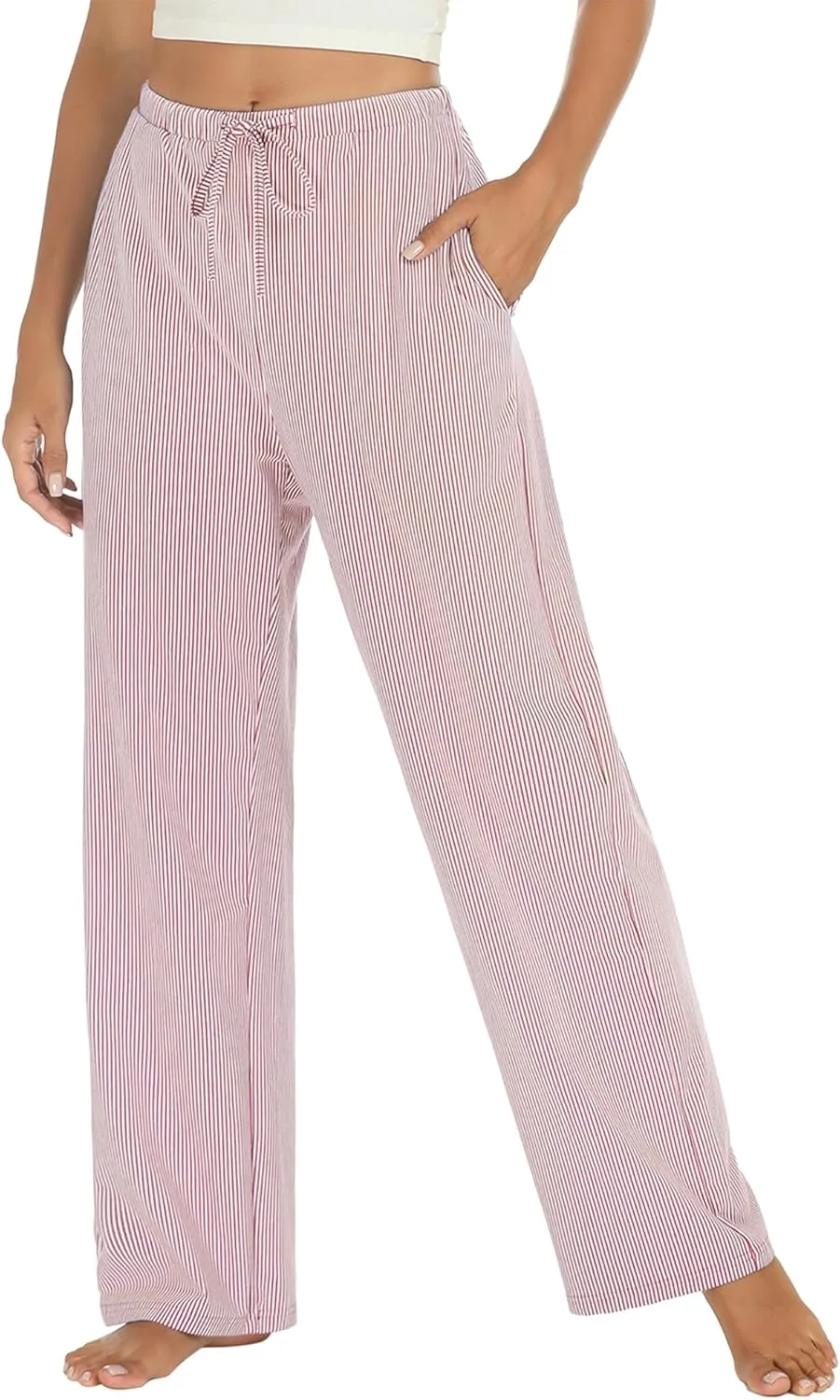 Womens Striped Pajama Pants Cotton Comfy Lounge Pj Pants Casual Wide Leg Drawstring Elastic Sleep Bottoms with Pockets