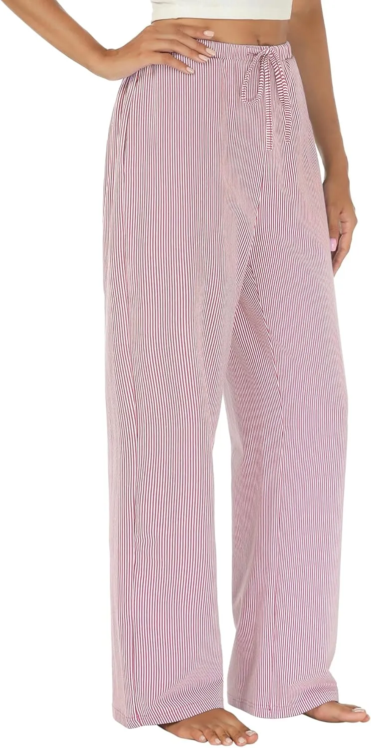 Womens Striped Pajama Pants Cotton Comfy Lounge Pj Pants Casual Wide Leg Drawstring Elastic Sleep Bottoms with Pockets