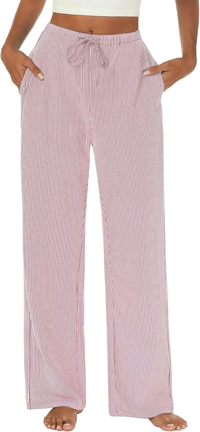 Womens Striped Pajama Pants Cotton Comfy Lounge Pj Pants Casual Wide Leg Drawstring Elastic Sleep Bottoms with Pockets