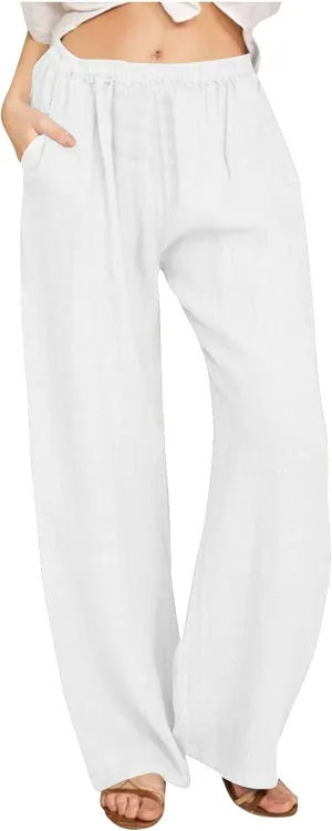 Womens Summer Casual Linen Pants 2025 Fashion High Waist Loose Fit Drawstring Trousers Palazzo Pants with Pockets