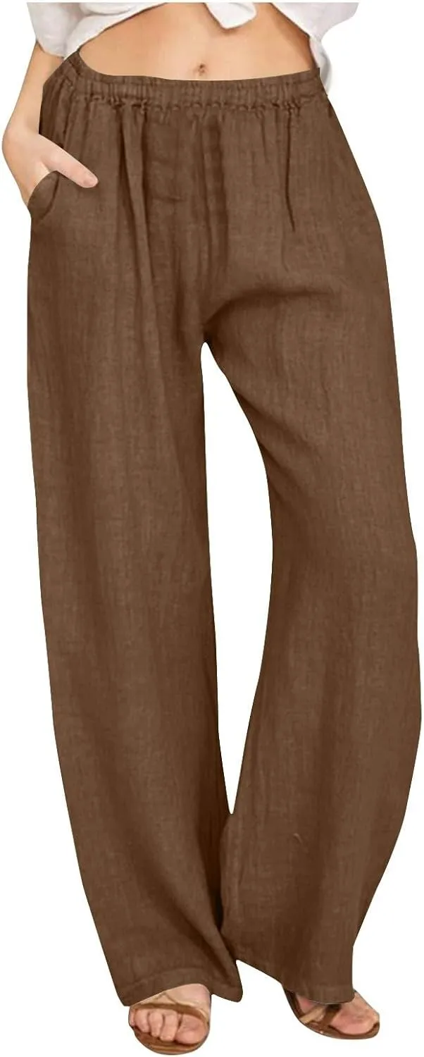 Womens Summer Casual Linen Pants 2025 Fashion High Waist Loose Fit Drawstring Trousers Palazzo Pants with Pockets