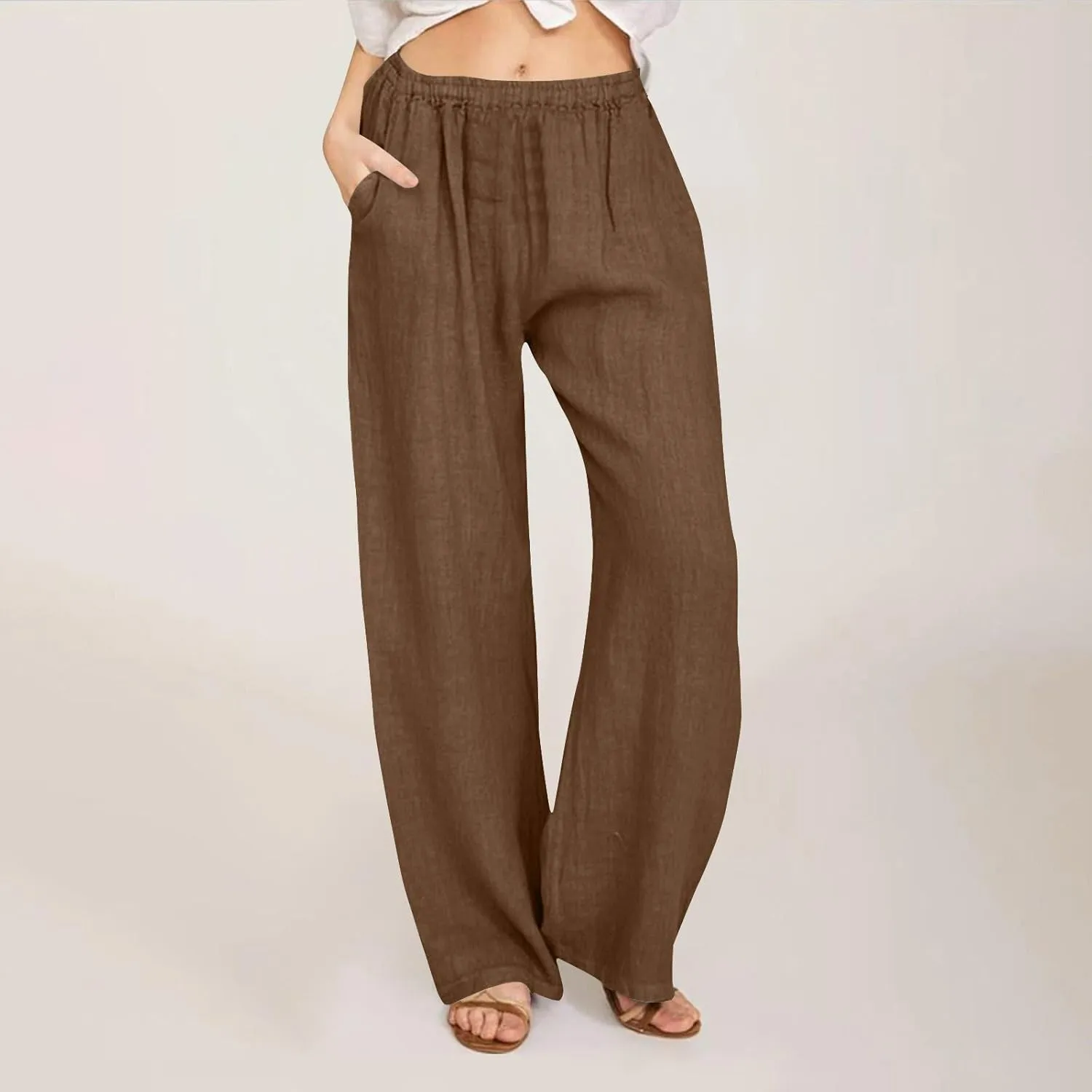 Womens Summer Casual Linen Pants 2025 Fashion High Waist Loose Fit Drawstring Trousers Palazzo Pants with Pockets
