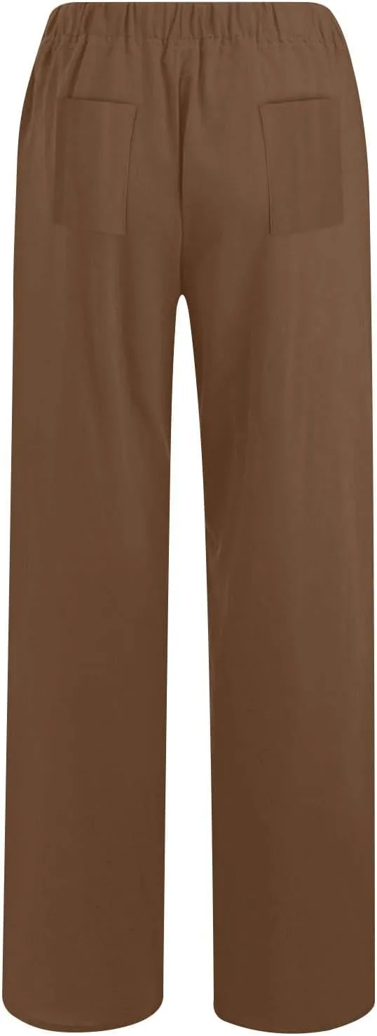 Womens Summer Casual Linen Pants 2025 Fashion High Waist Loose Fit Drawstring Trousers Palazzo Pants with Pockets