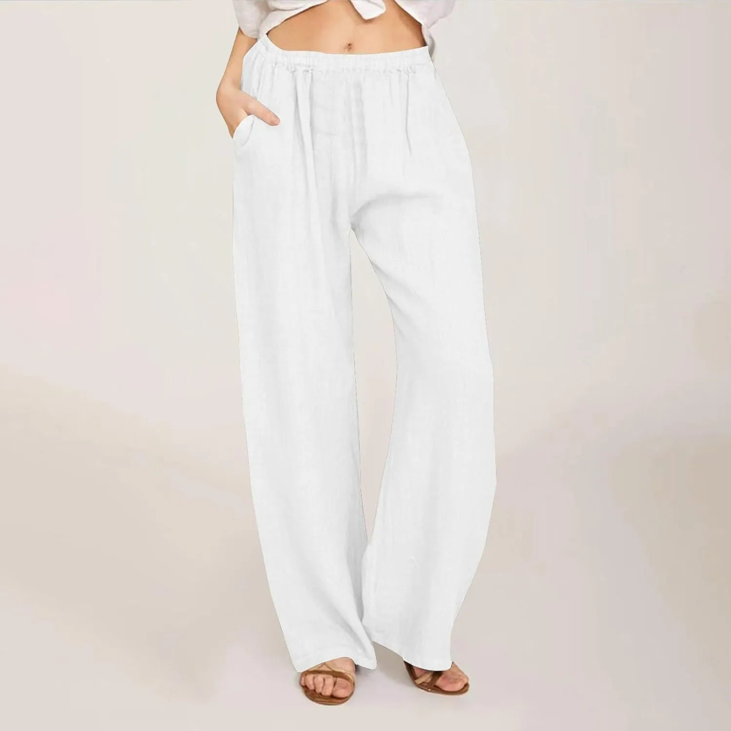 Womens Summer Casual Linen Pants 2025 Fashion High Waist Loose Fit Drawstring Trousers Palazzo Pants with Pockets