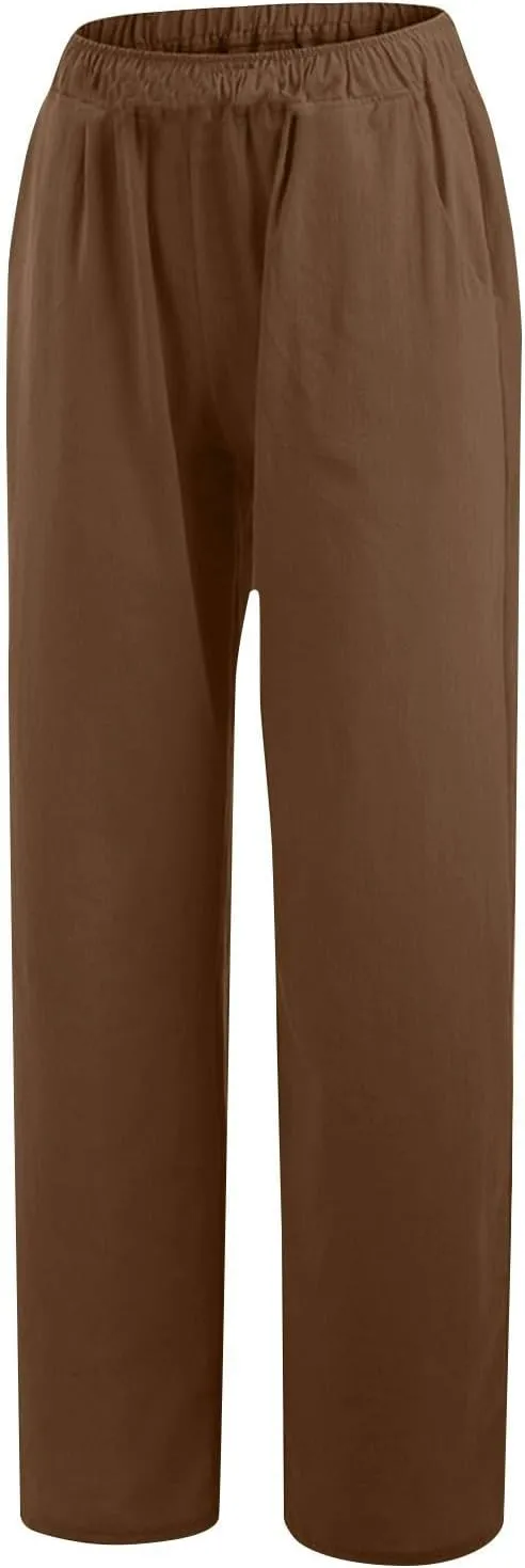 Womens Summer Casual Linen Pants 2025 Fashion High Waist Loose Fit Drawstring Trousers Palazzo Pants with Pockets