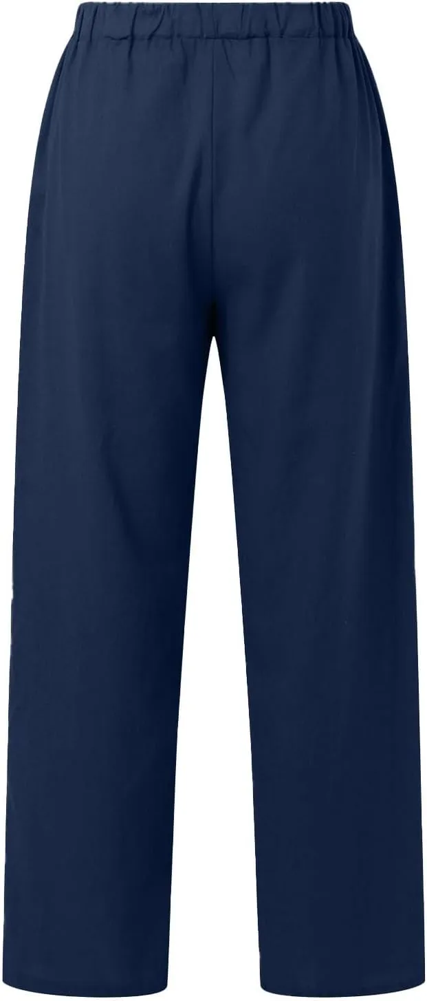 Women's Summer Casual Linen Pants Long Drawstring Women Waist Cotton Casual Pants Lightweight Loose Trousers