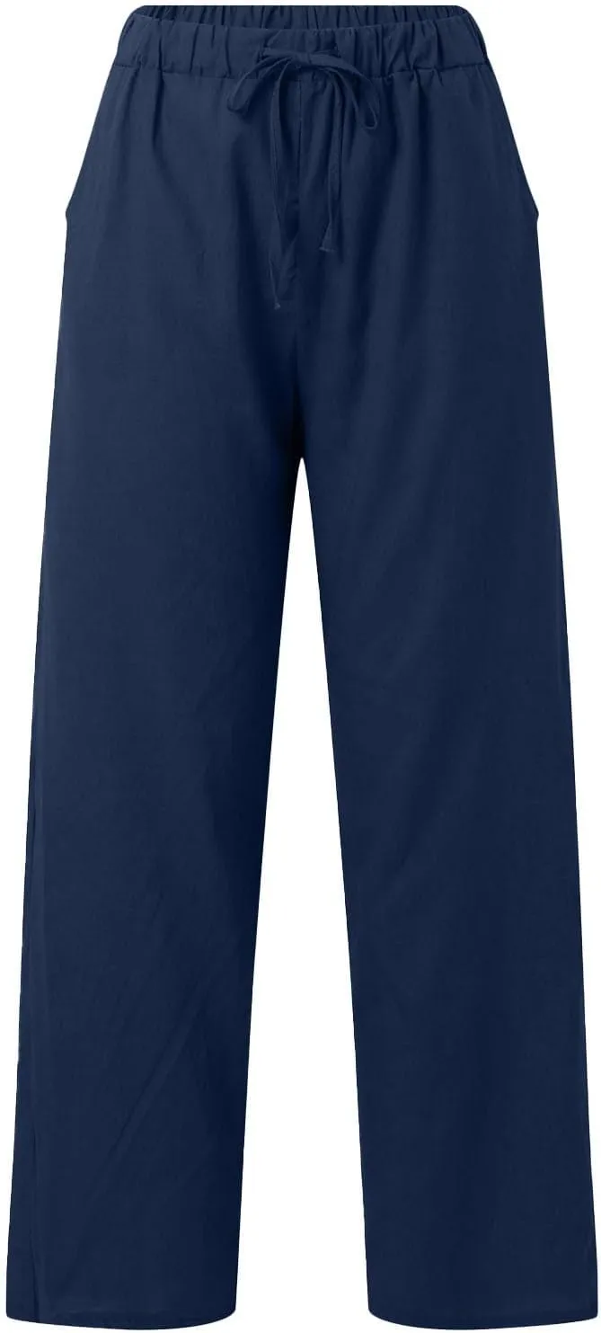 Women's Summer Casual Linen Pants Long Drawstring Women Waist Cotton Casual Pants Lightweight Loose Trousers