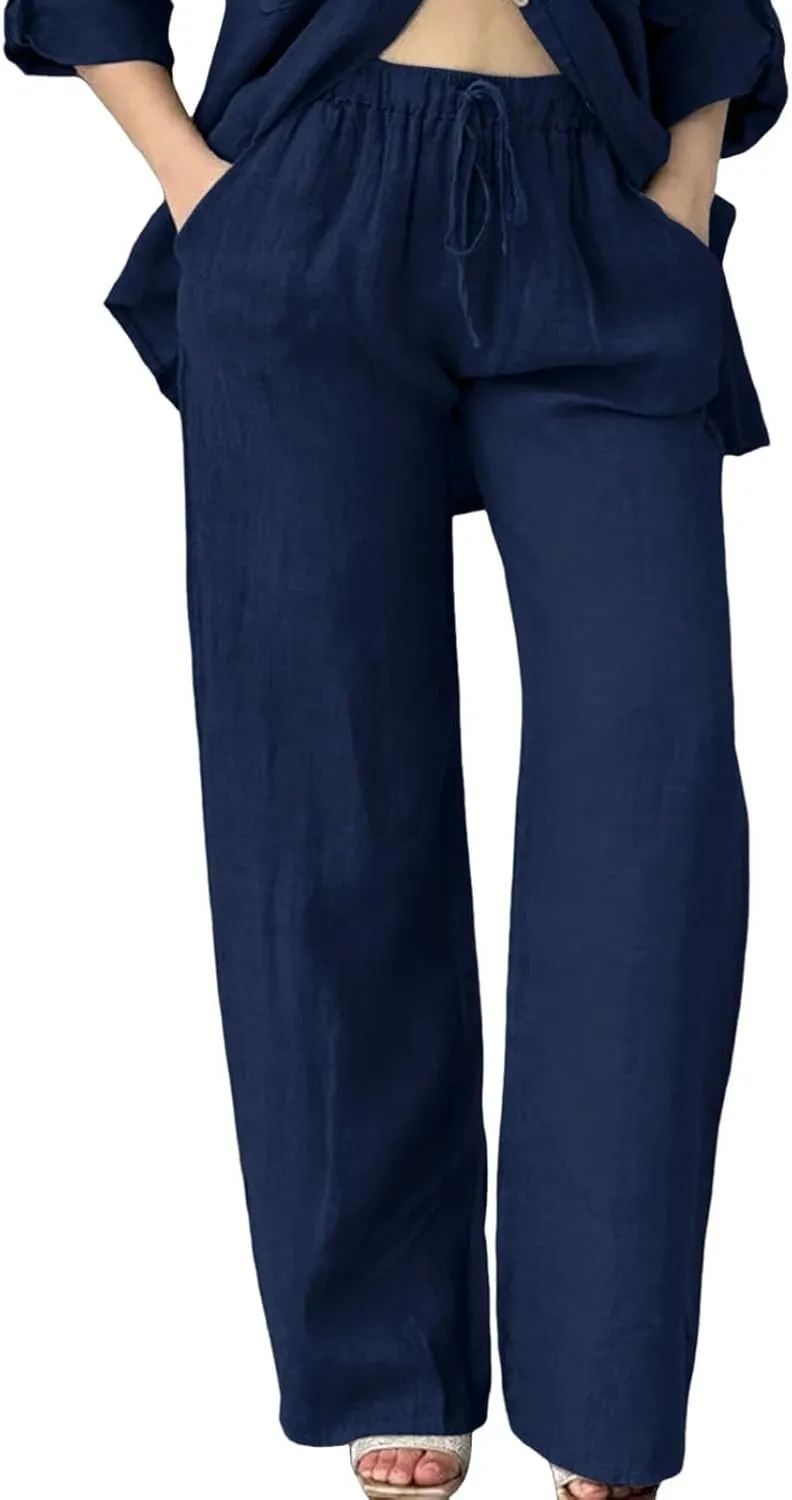 Women's Summer Casual Linen Pants Long Drawstring Women Waist Cotton Casual Pants Lightweight Loose Trousers