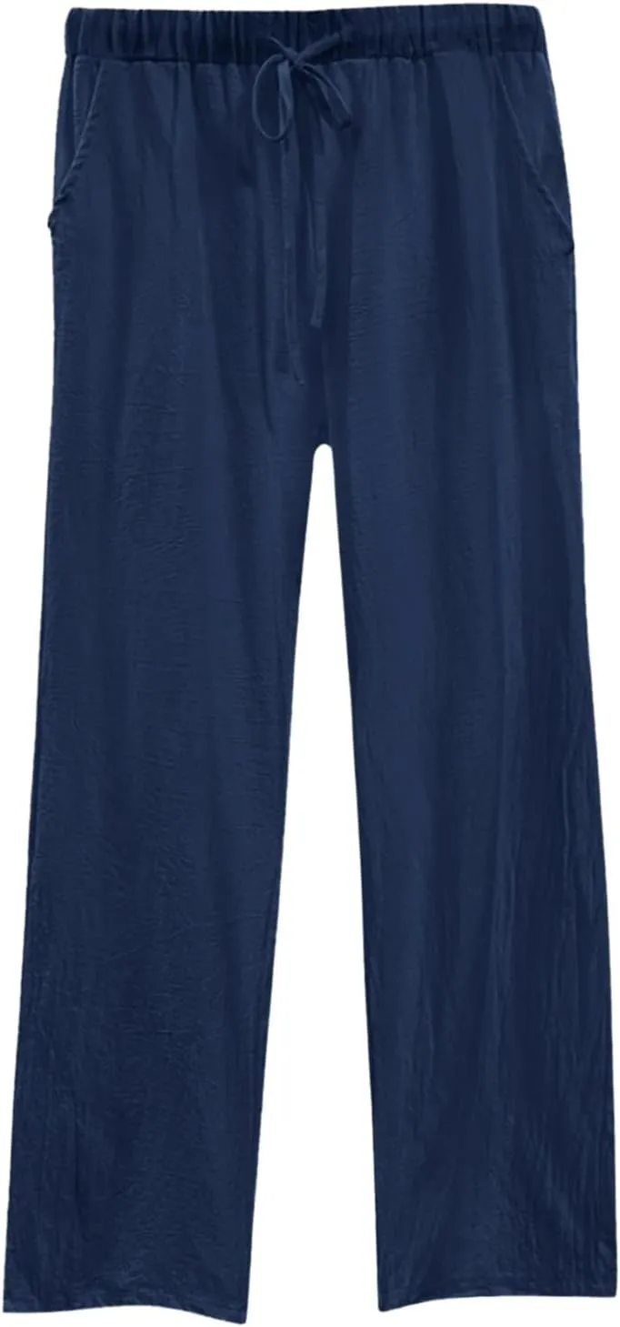 Women's Summer Casual Linen Pants Long Drawstring Women Waist Cotton Casual Pants Lightweight Loose Trousers