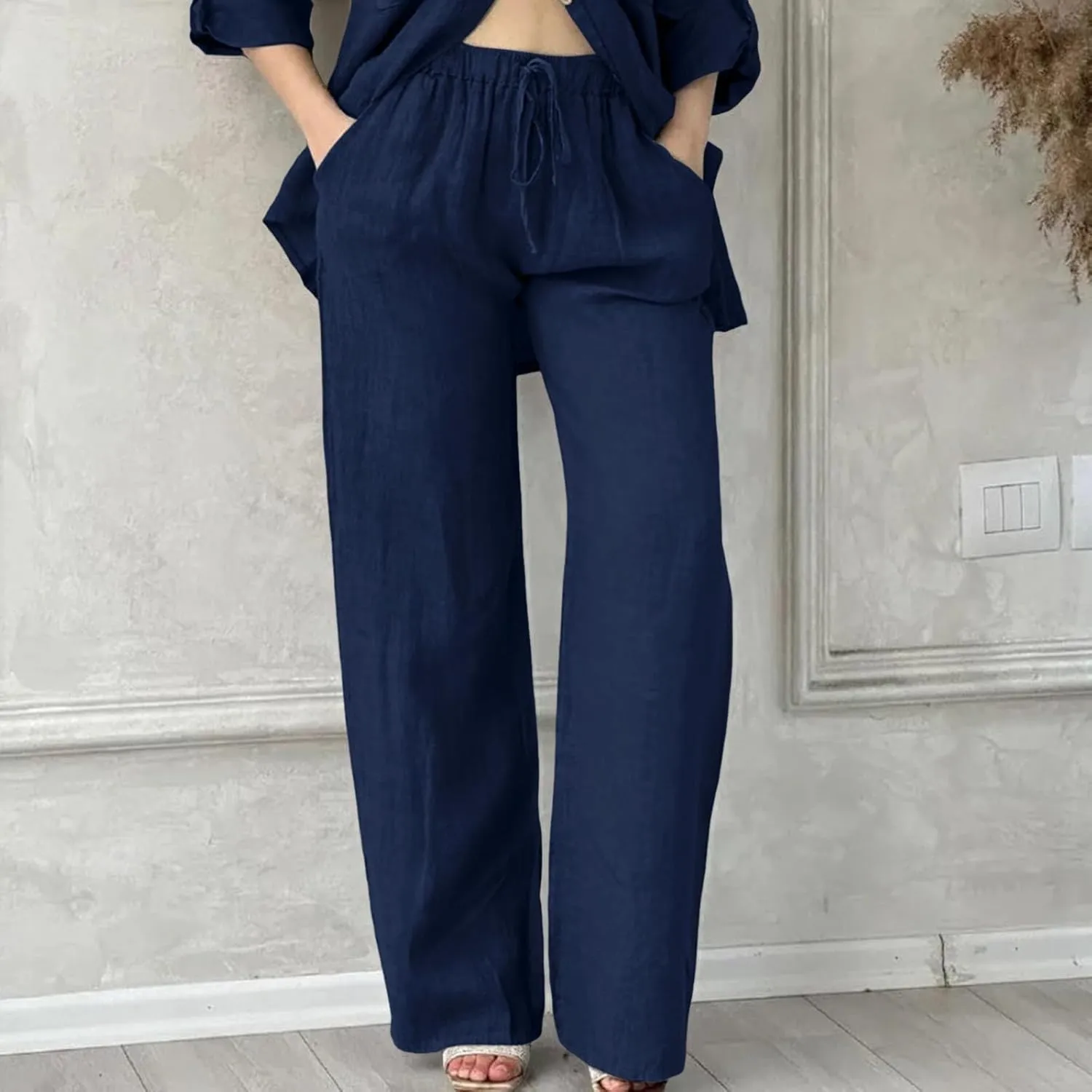 Women's Summer Casual Linen Pants Long Drawstring Women Waist Cotton Casual Pants Lightweight Loose Trousers