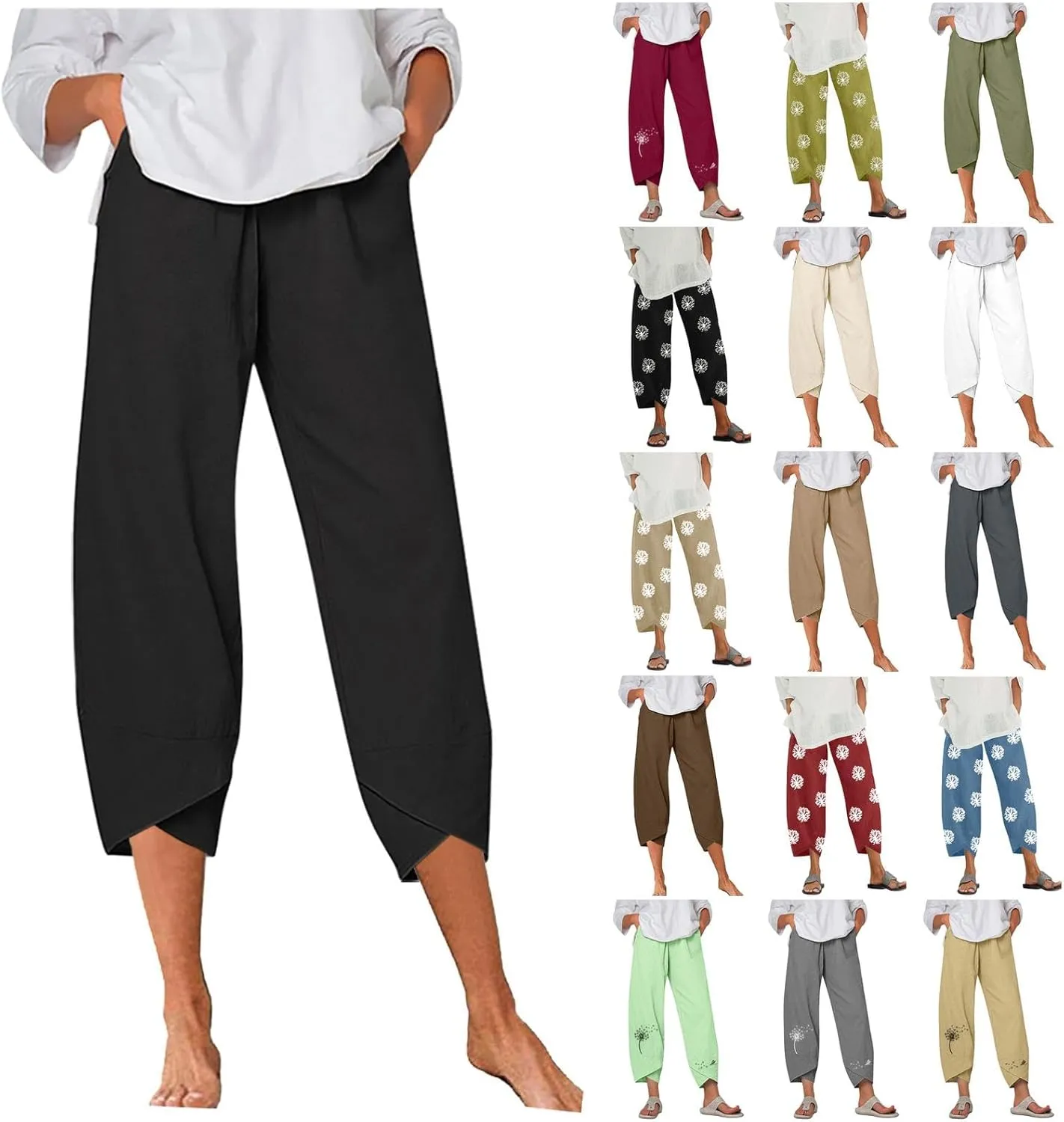 Women's Summer Cotton Linen Capri Pants Casual High Waist Cropped Trouser Tapered Leg Sweatpants Loose Workout Pants