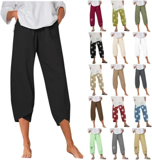 Women's Summer Cotton Linen Capri Pants Casual High Waist Cropped Trouser Tapered Leg Sweatpants Loose Workout Pants