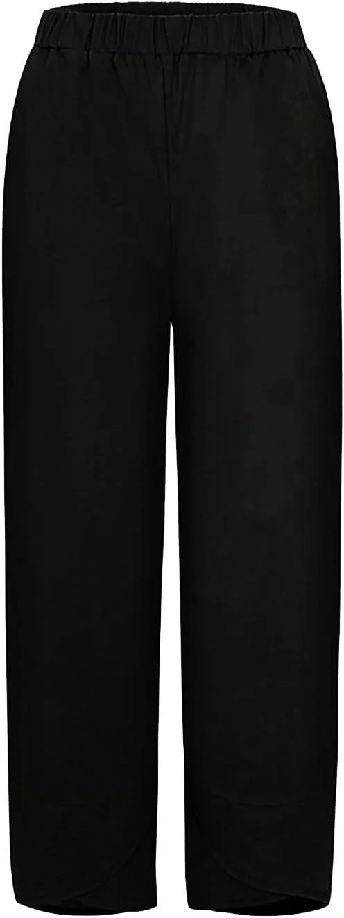 Women's Summer Cotton Linen Capri Pants Casual High Waist Cropped Trouser Tapered Leg Sweatpants Loose Workout Pants