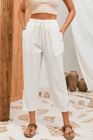 Women's Summer Elastic High Waist Capri Pants Lightweight Drawstring Loose Trouser Beach Pant with Pockets