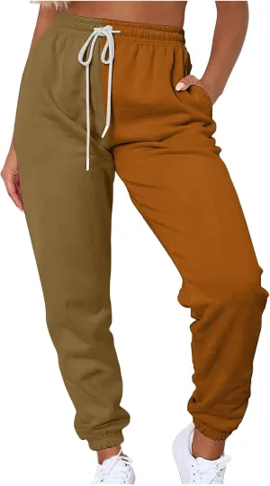 Women's Sweatpants Color Block Patchwork Trouser Elastic High Waist Joggers Baggy Pants with Multi-Pockets