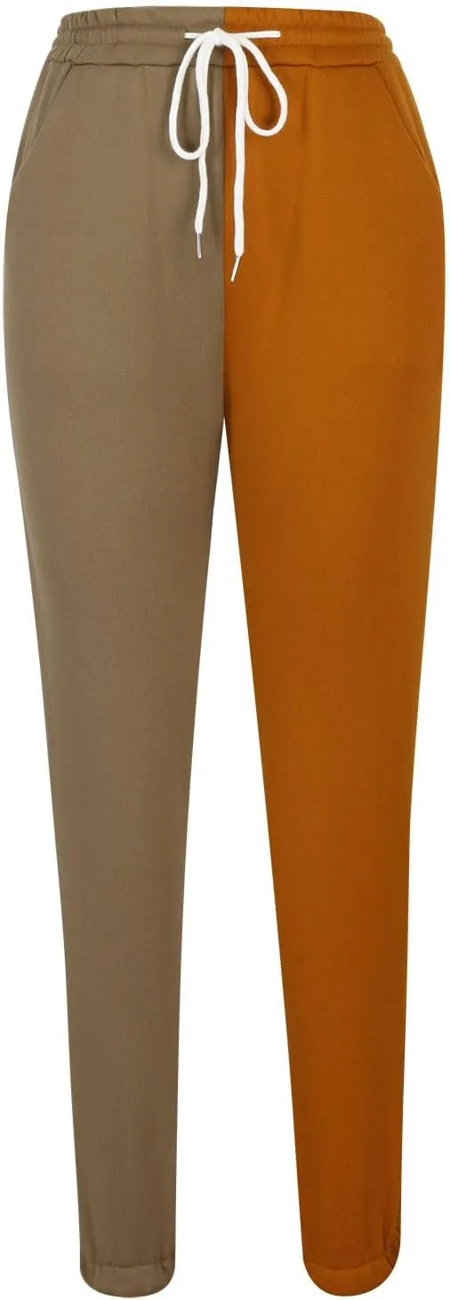 Women's Sweatpants Color Block Patchwork Trouser Elastic High Waist Joggers Baggy Pants with Multi-Pockets