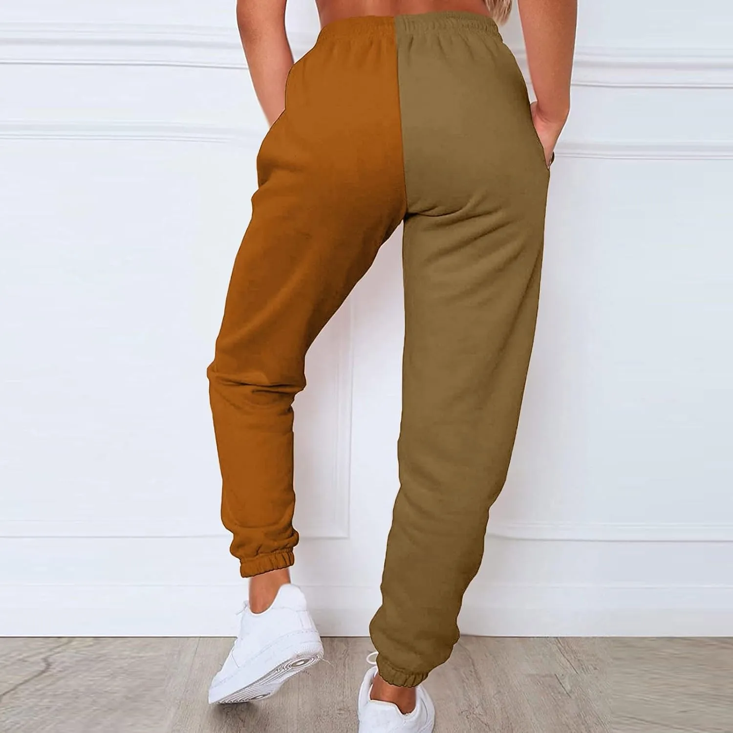 Women's Sweatpants Color Block Patchwork Trouser Elastic High Waist Joggers Baggy Pants with Multi-Pockets