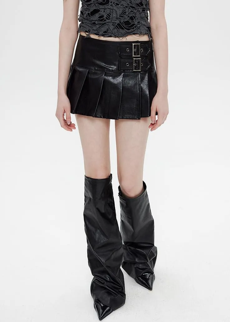 Women's Trendy Leather Pleated Skirts Y2K Vintage A-Line Short Skorts Gyaru Coquette Streetwear Preppy Emo Clothing