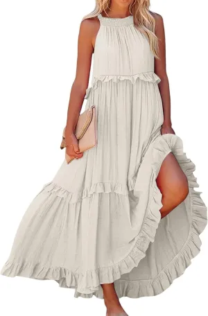 Womens Weddings Sleeveless Fashion Dresses Maxi Casual Loose Ruffled Sleeve Elegant Summer Hem Comfortable Soft Dress