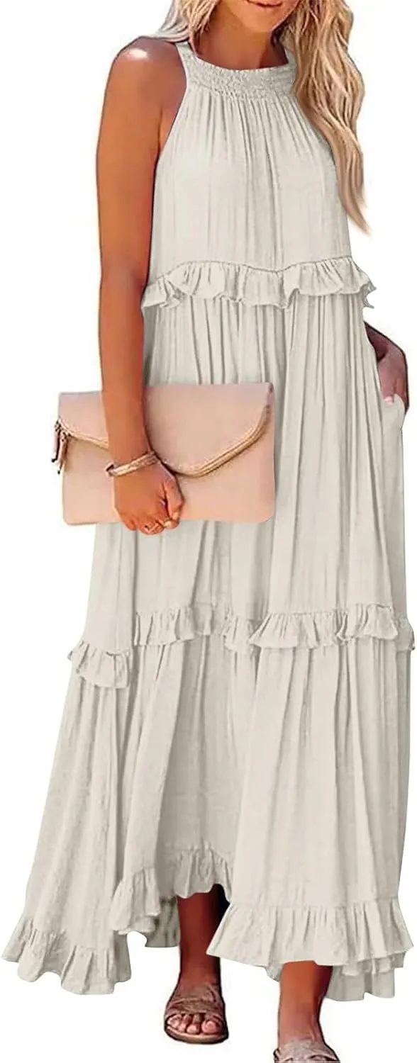 Womens Weddings Sleeveless Fashion Dresses Maxi Casual Loose Ruffled Sleeve Elegant Summer Hem Comfortable Soft Dress