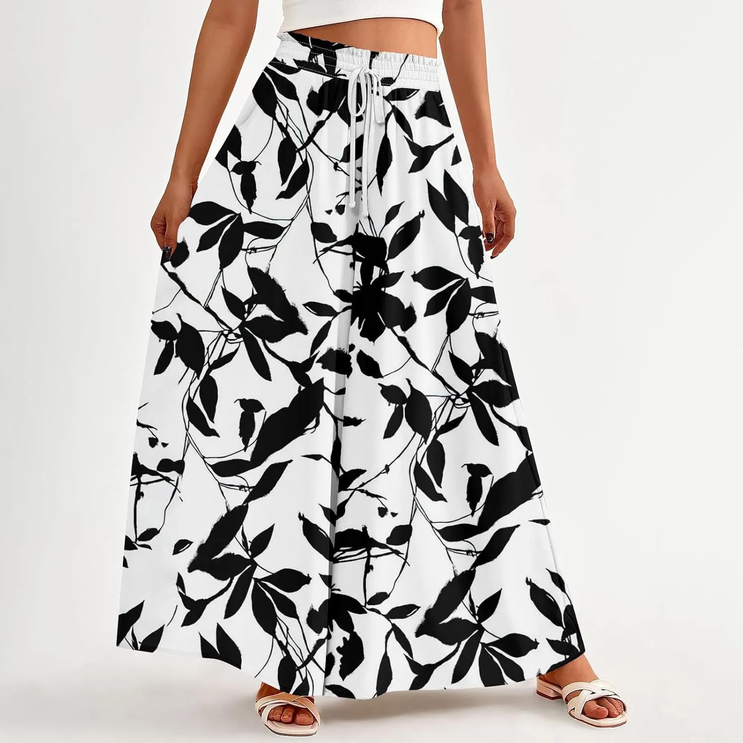 Womens Wide Leg Boho Pants Floral Solid Flowy Pants Lounge Beach with Pocket Resort Wear for Women 2025 Trendy