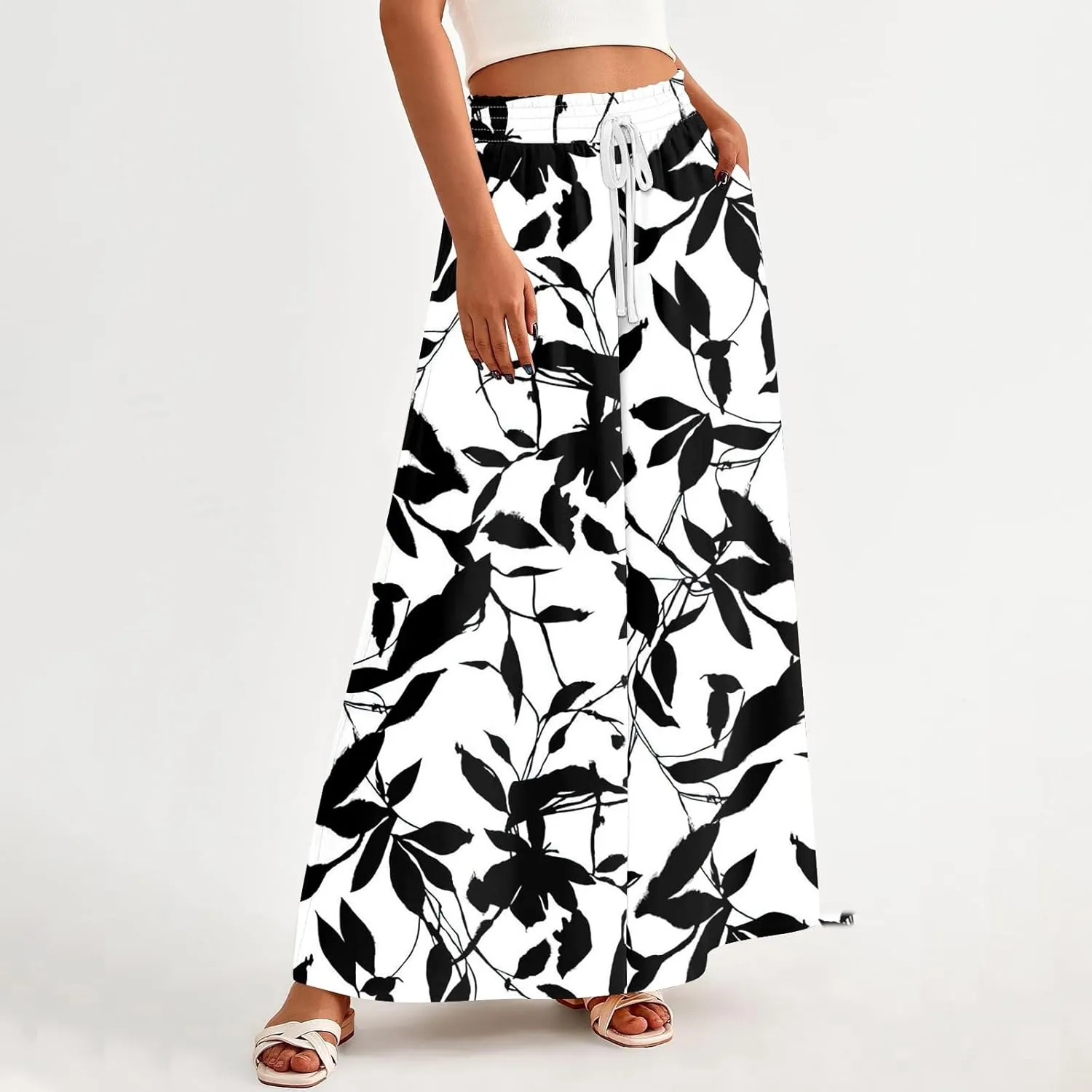 Womens Wide Leg Boho Pants Floral Solid Flowy Pants Lounge Beach with Pocket Resort Wear for Women 2025 Trendy