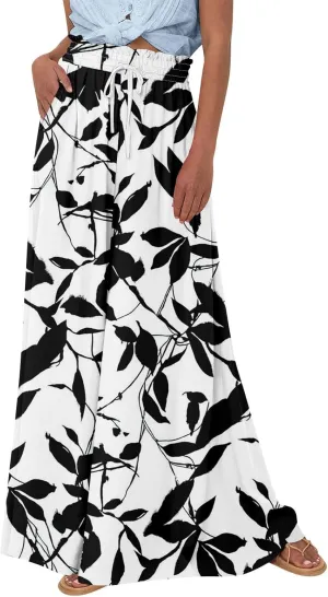 Womens Wide Leg Boho Pants Floral Solid Flowy Pants Lounge Beach with Pocket Resort Wear for Women 2025 Trendy