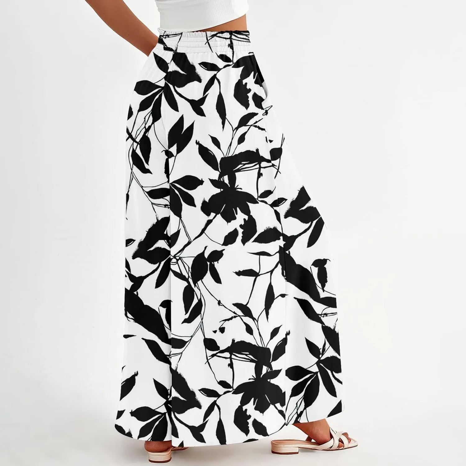 Womens Wide Leg Boho Pants Floral Solid Flowy Pants Lounge Beach with Pocket Resort Wear for Women 2025 Trendy