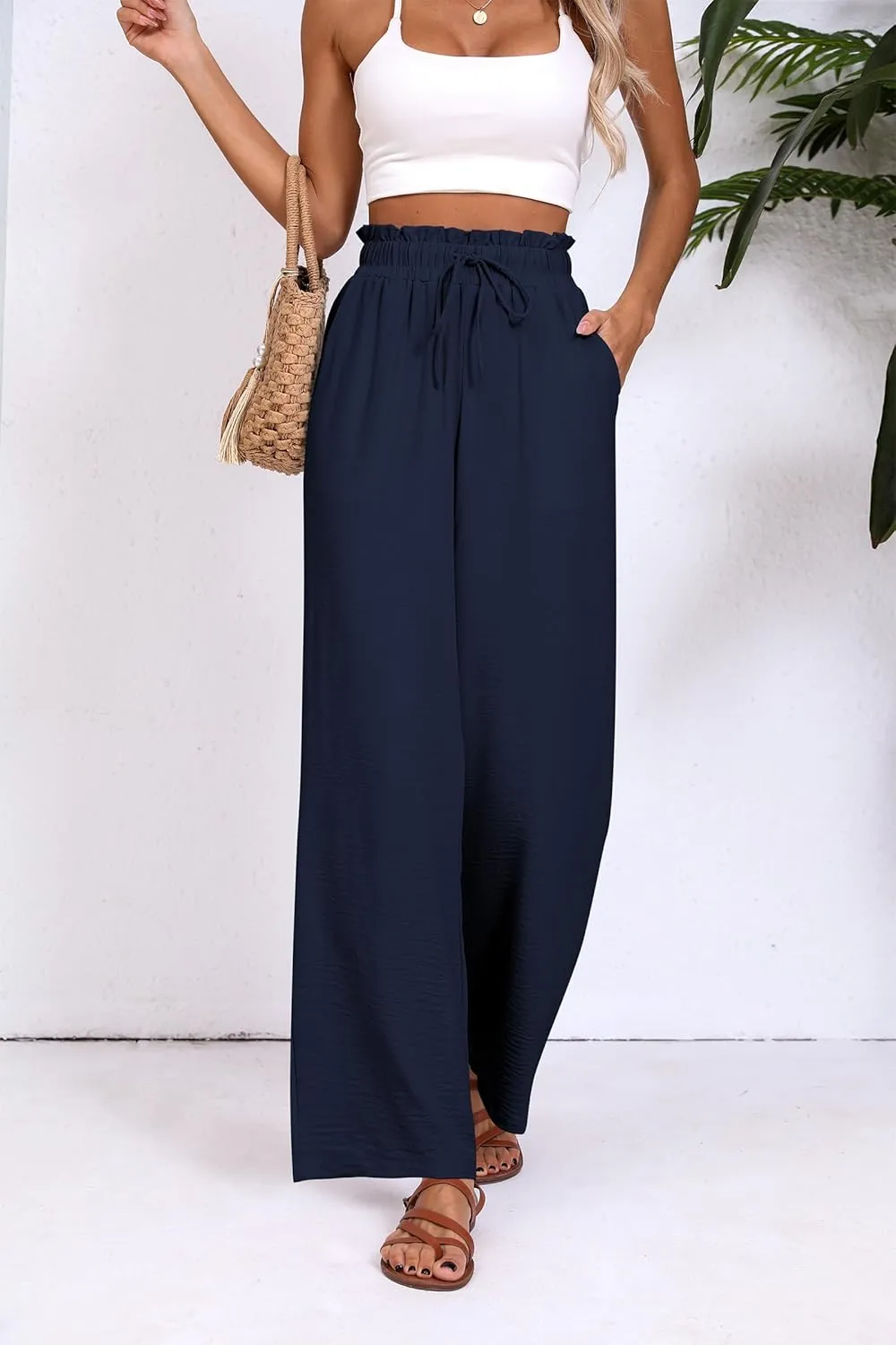 Womens Wide Leg Casual Pants with Pockets Loose Flowy High Waisted Lounge Trousers