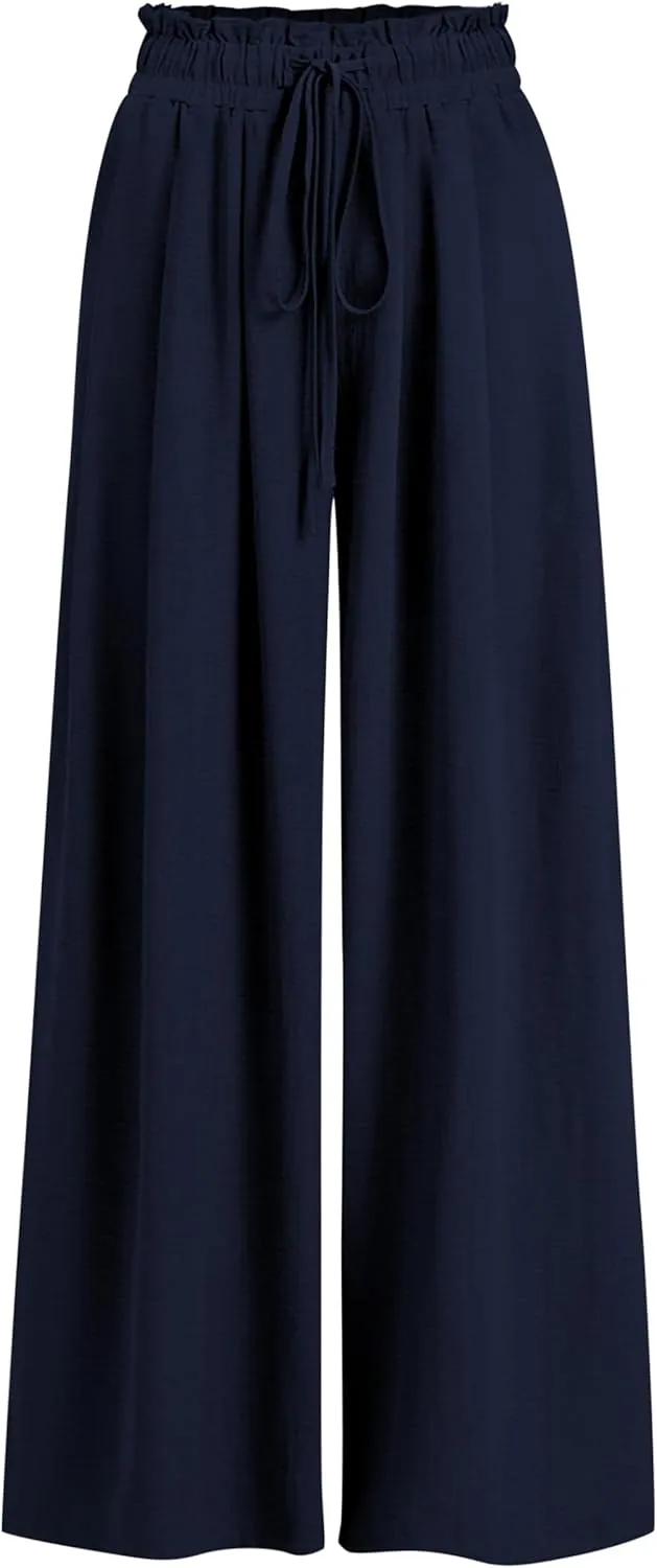 Womens Wide Leg Casual Pants with Pockets Loose Flowy High Waisted Lounge Trousers