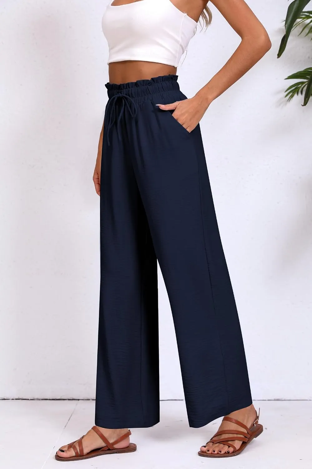 Womens Wide Leg Casual Pants with Pockets Loose Flowy High Waisted Lounge Trousers
