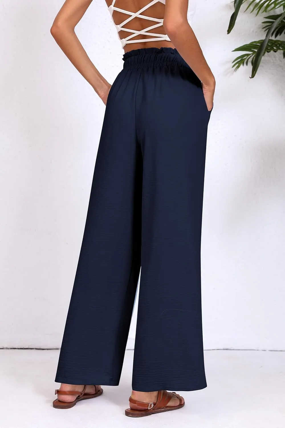 Womens Wide Leg Casual Pants with Pockets Loose Flowy High Waisted Lounge Trousers