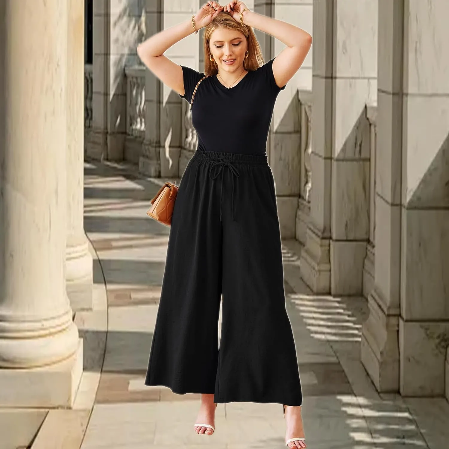 Women's Wide Leg Linen Pants High Waisted Flowy Palazzo Pants Lounge Loose Casual Work Pants Trousers Pockets