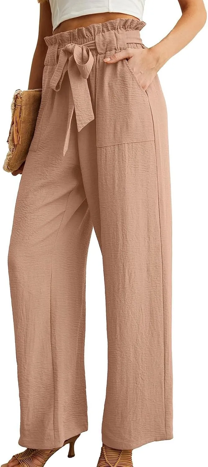 Women's Wide Leg Linen Pants Summer Baggy Business Casual Pants High Waist Adjustable Tie Knot Trousers with Pockets