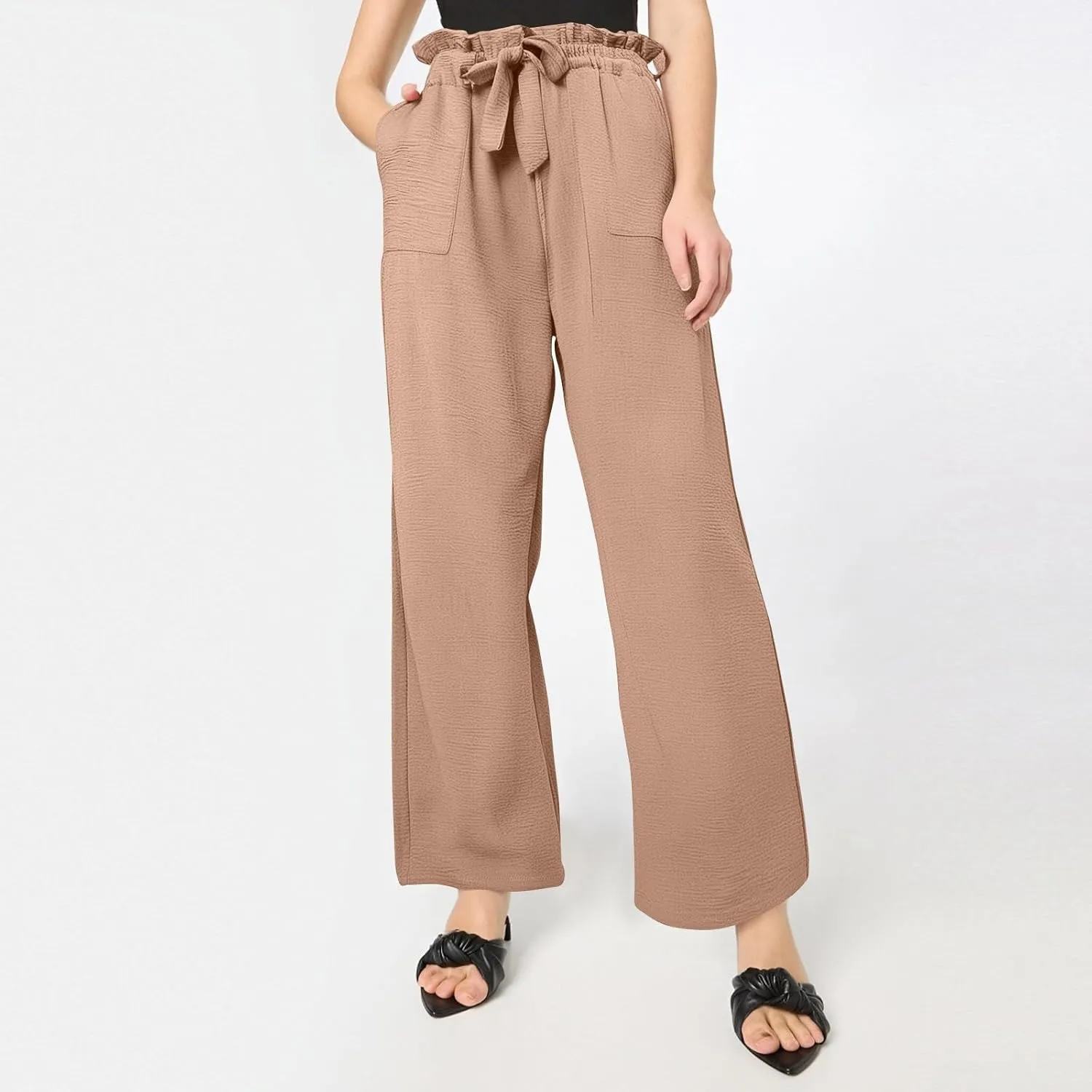 Women's Wide Leg Linen Pants Summer Baggy Business Casual Pants High Waist Adjustable Tie Knot Trousers with Pockets