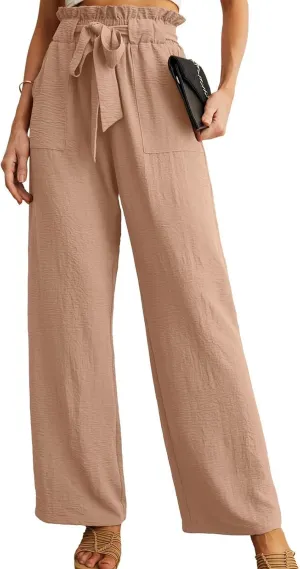 Women's Wide Leg Linen Pants Summer Baggy Business Casual Pants High Waist Adjustable Tie Knot Trousers with Pockets