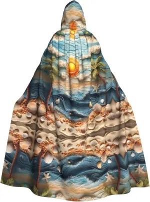 Wool woven into a beach Halloween Hooded Cloak Full Print Polyester Costume Cape for Cosplay Parties Masquerades Comic Cons Lightweight Comfortable No-Itch Fabric with Tie Closure